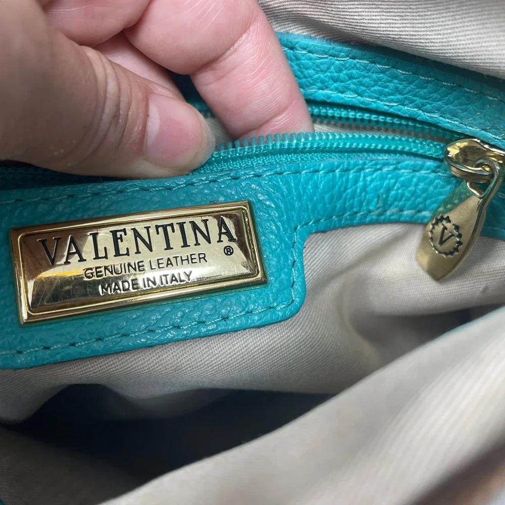 Valentina Italy Teal Blue Pebbled Leather Crossbody Bag Brown Trim Messenger